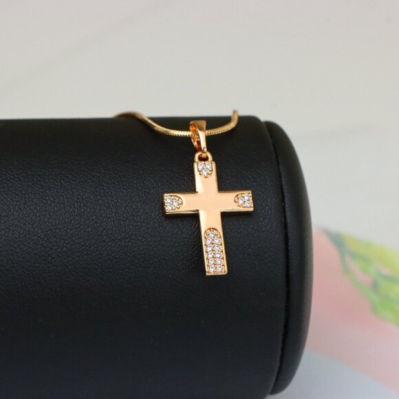 "Rose Gold Cross Pendant with Crystal Accents on Polished Surface, XPPT1611 - Picture 7 of 13